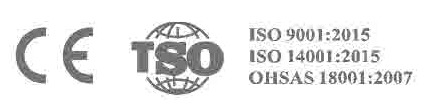 CE, ISO 9001:2015, ISO 14001:2015, OHSAS 18001:2007